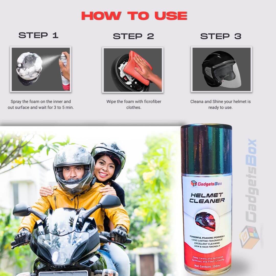 Helmet Cleaner Spray | 10X Powerful Anti-Bacterial Foam 150ml 4 gadgets-box-helmet-spray3